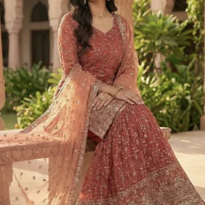 AVITAATEX Women Art Silk Ethnic Top Palazzo Dupatta Set in elegant maroon with embroidered detailing