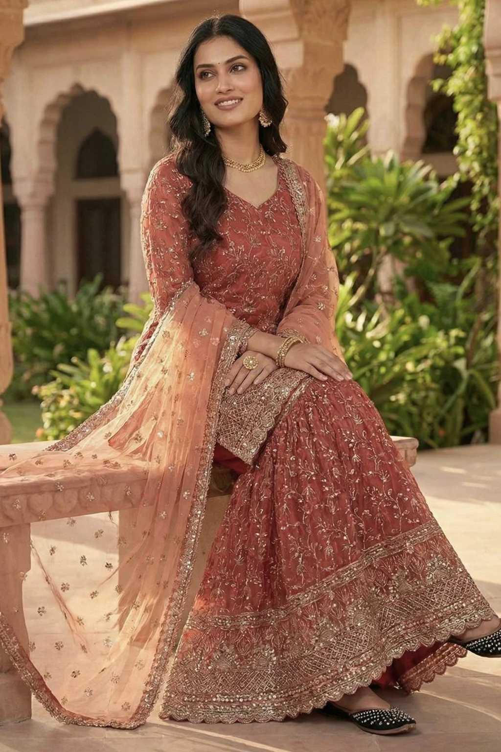 AVITAATEX Women Art Silk Ethnic Top Palazzo Dupatta Set in elegant maroon with embroidered detailing