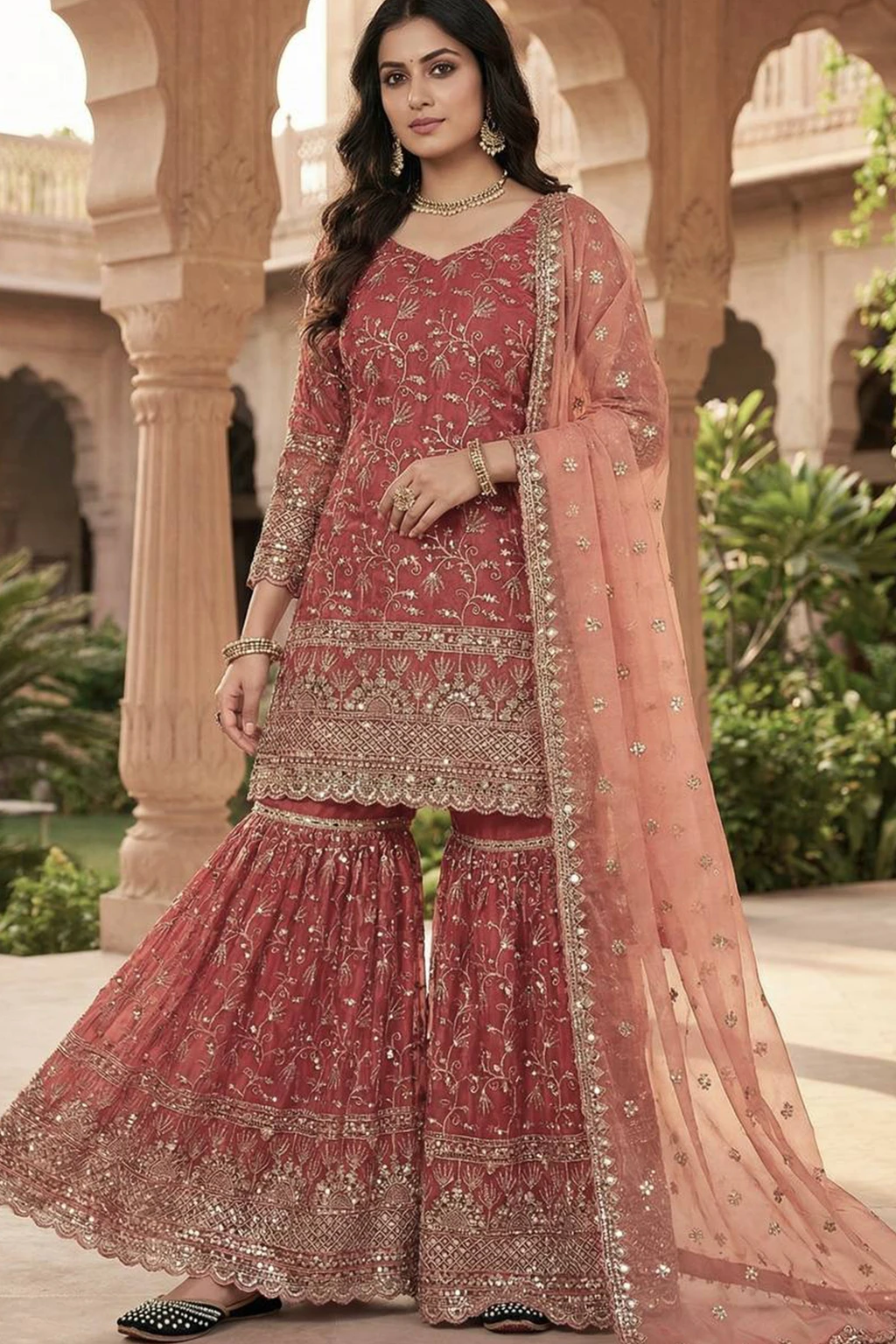 AVITAATEX Women Art Silk Ethnic Top Palazzo Dupatta Set in elegant maroon with embroidered detailing