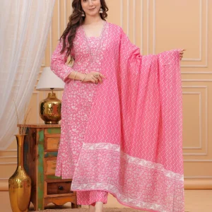 NISHA FASHION Women’s Pink Floral Print Kurta Trouser and Dupatta Set