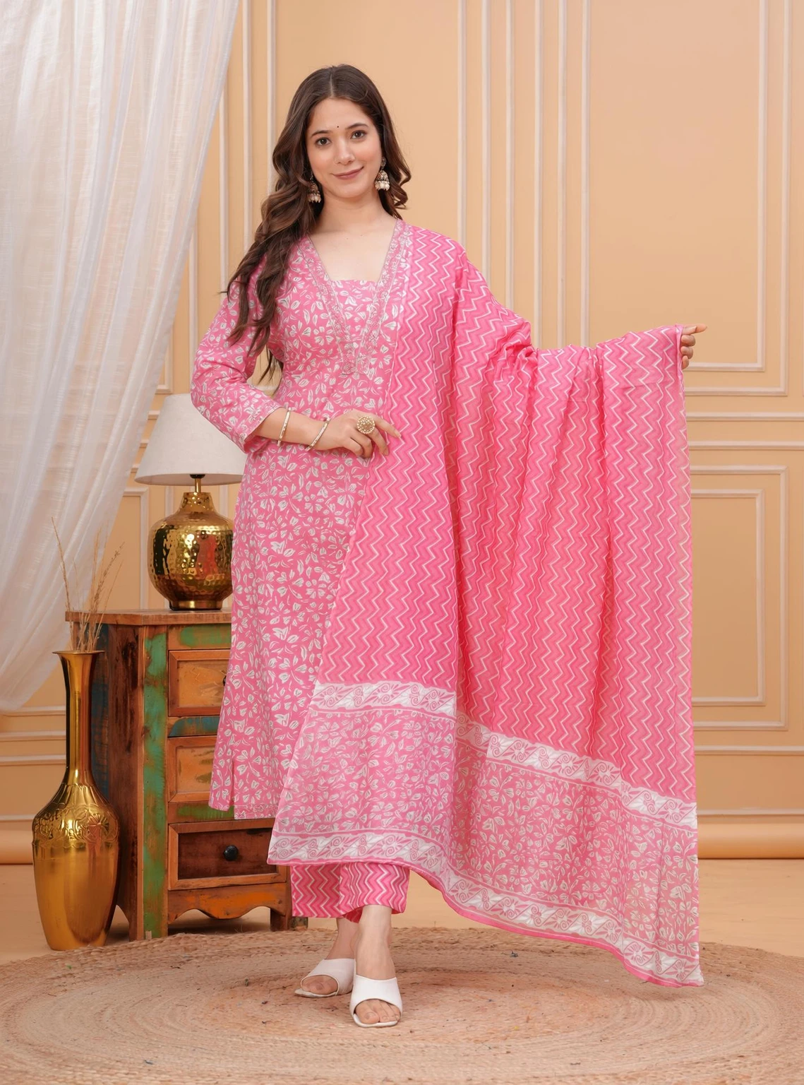 NISHA FASHION Women’s Pink Floral Print Kurta Trouser and Dupatta Set