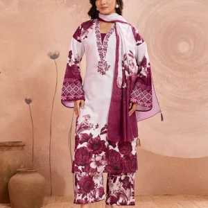 UNITY HUB Women’s Floral Print Kurta, Salwar & Dupatta Set in White and Burgundy