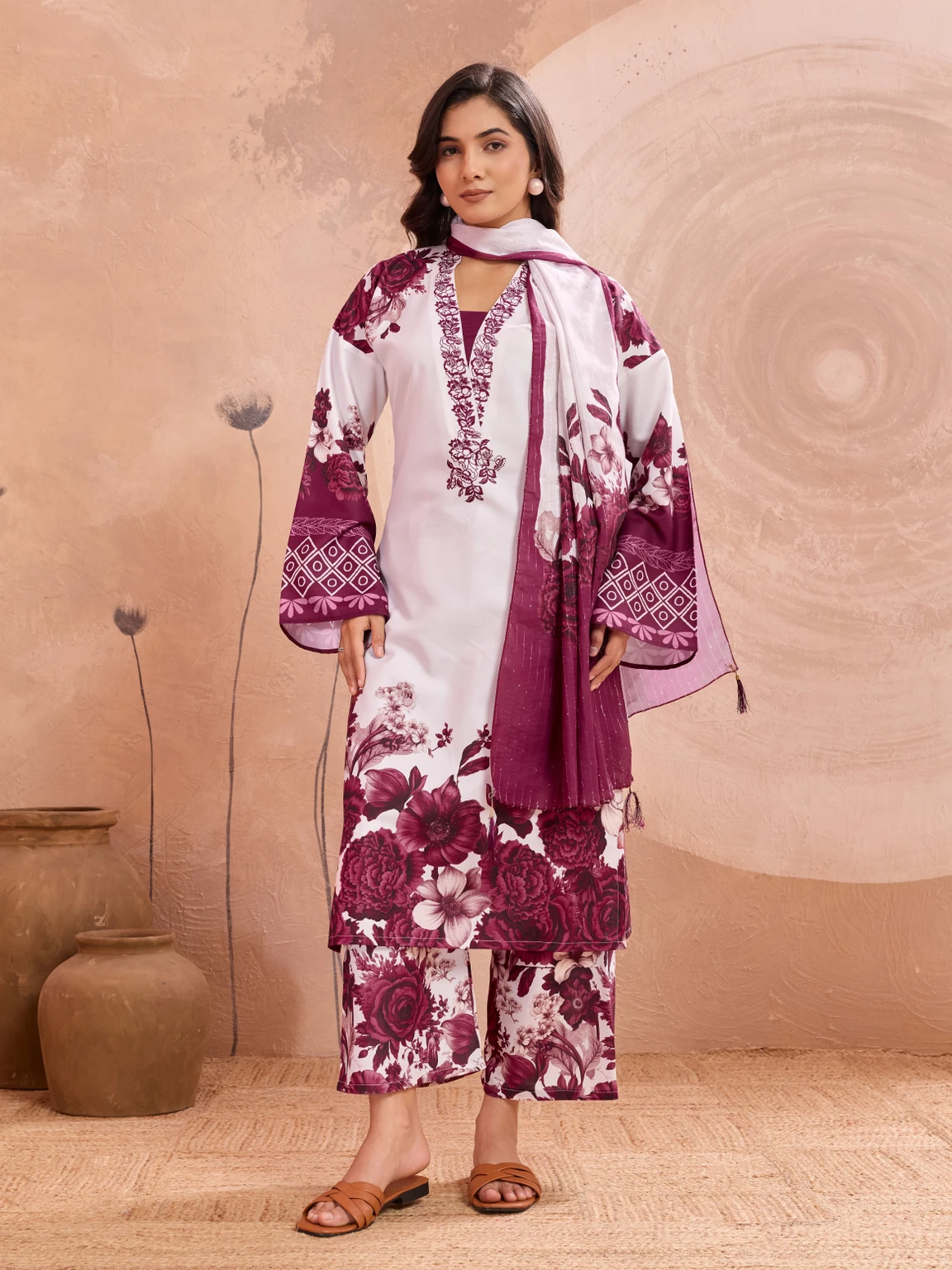 UNITY HUB Women’s Floral Print Kurta, Salwar & Dupatta Set in White and Burgundy