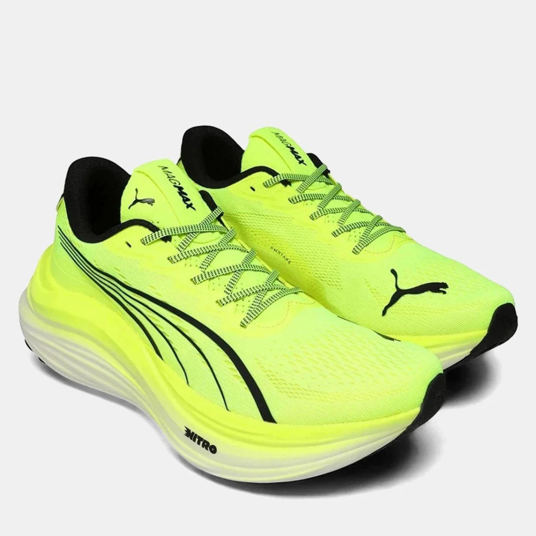 PUMA MagMax NITRO Running Shoes for Men in neon yellow with black logo, lightweight cushioned sports shoes for running and training