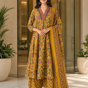 VAANEEP Women Cotton Blend Kurta Palazzo Dupatta Set in mustard yellow floral print