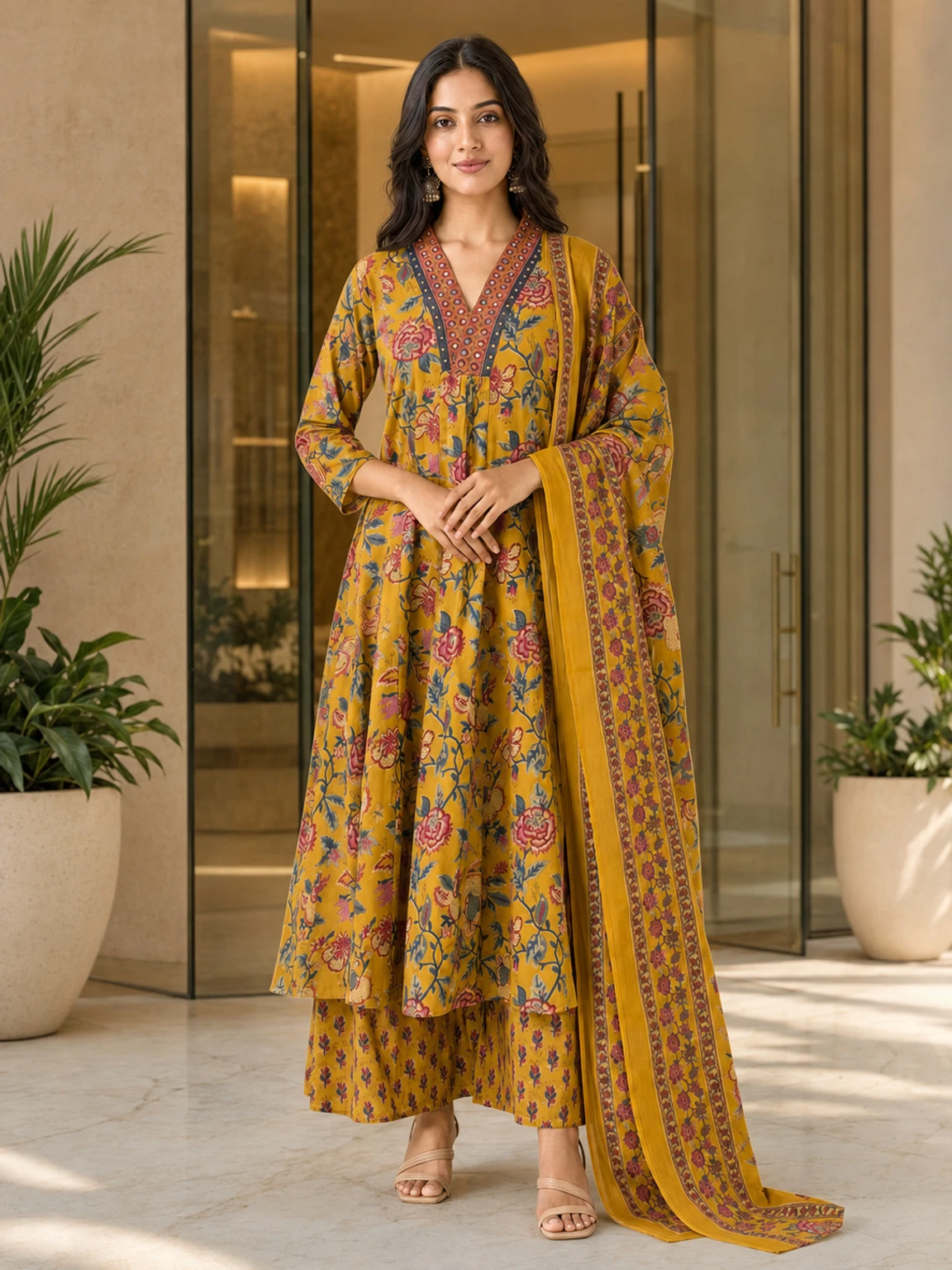 VAANEEP Women Cotton Blend Kurta Palazzo Dupatta Set in mustard yellow floral print