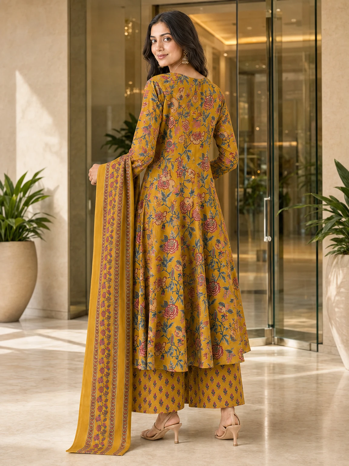 VAANEEP Women Cotton Blend Kurta Palazzo Dupatta Set in mustard yellow floral print