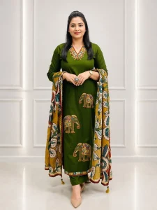 VASTRA RANG Women Pure Cotton Kurta Pant Dupatta Set in olive green with embroidered elephant motifs and printed dupatta