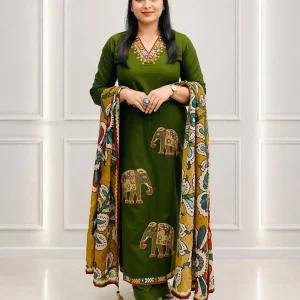 VASTRA RANG Women Pure Cotton Kurta Pant Dupatta Set in olive green with embroidered elephant motifs and printed dupatta