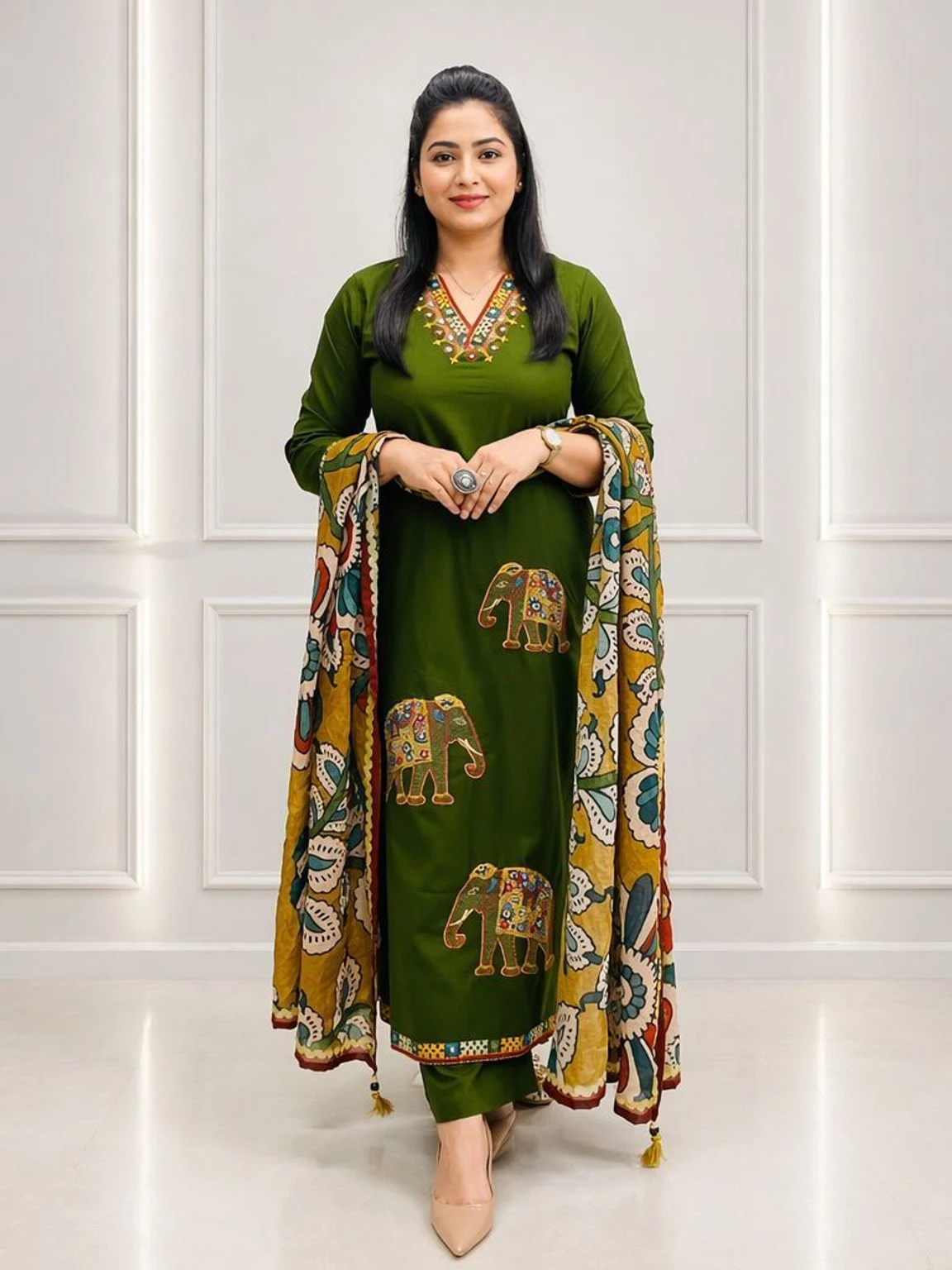 VASTRA RANG Women Pure Cotton Kurta Pant Dupatta Set in olive green with embroidered elephant motifs and printed dupatta