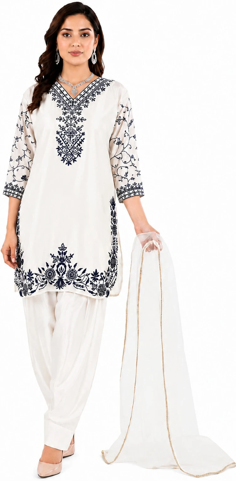 Aqsa Apparels Women's Premium Satin Farshi Salwar Suit 3 Piece Kurta Patiala and Organza Dupatta Set with Embroidered Detailing