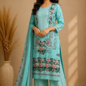 Zafra Exim Women Cotton Rayon Kurti Pant Dupatta Set in turquoise floral print