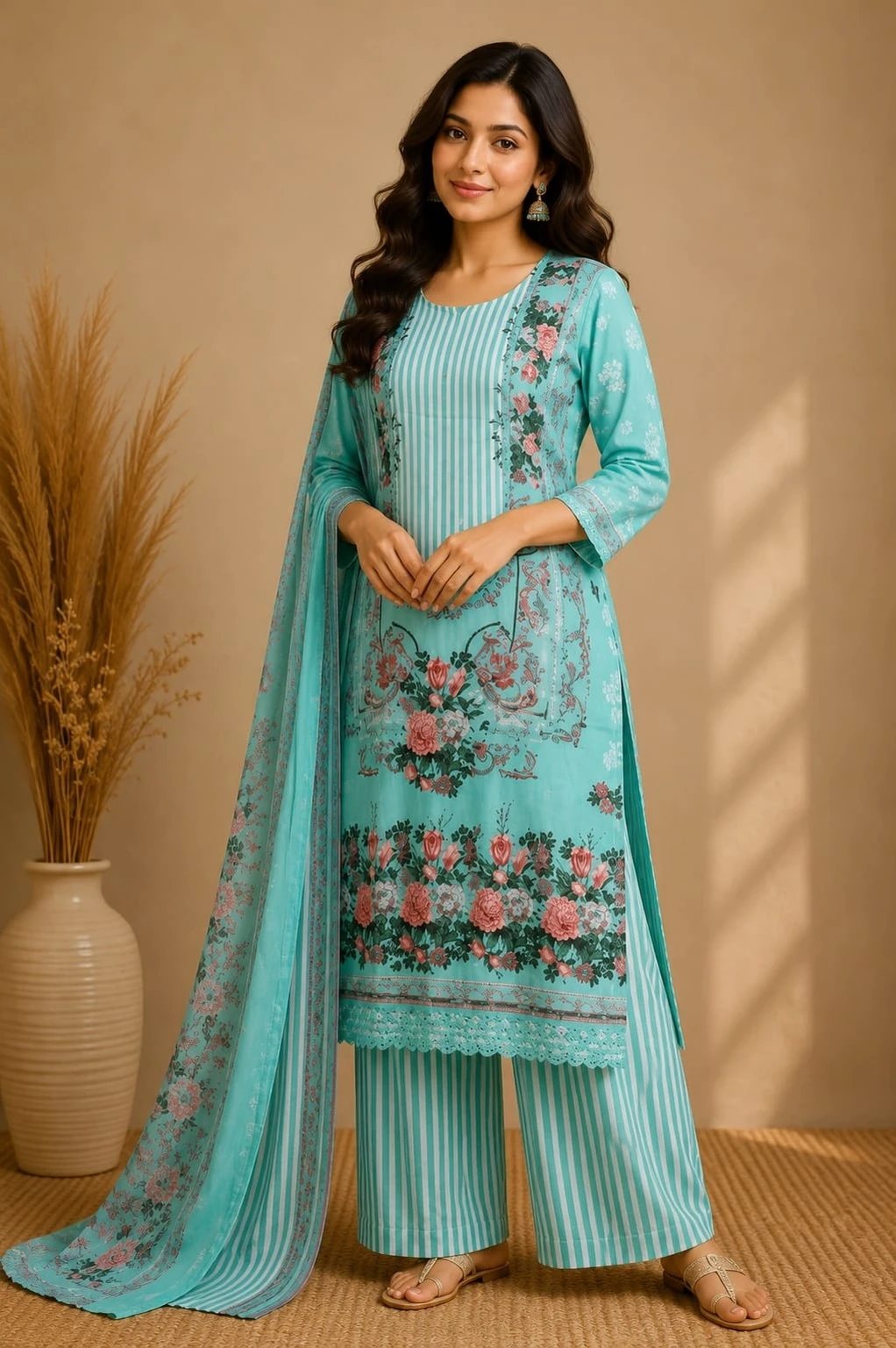 Zafra Exim Women Cotton Rayon Kurti Pant Dupatta Set in turquoise floral print