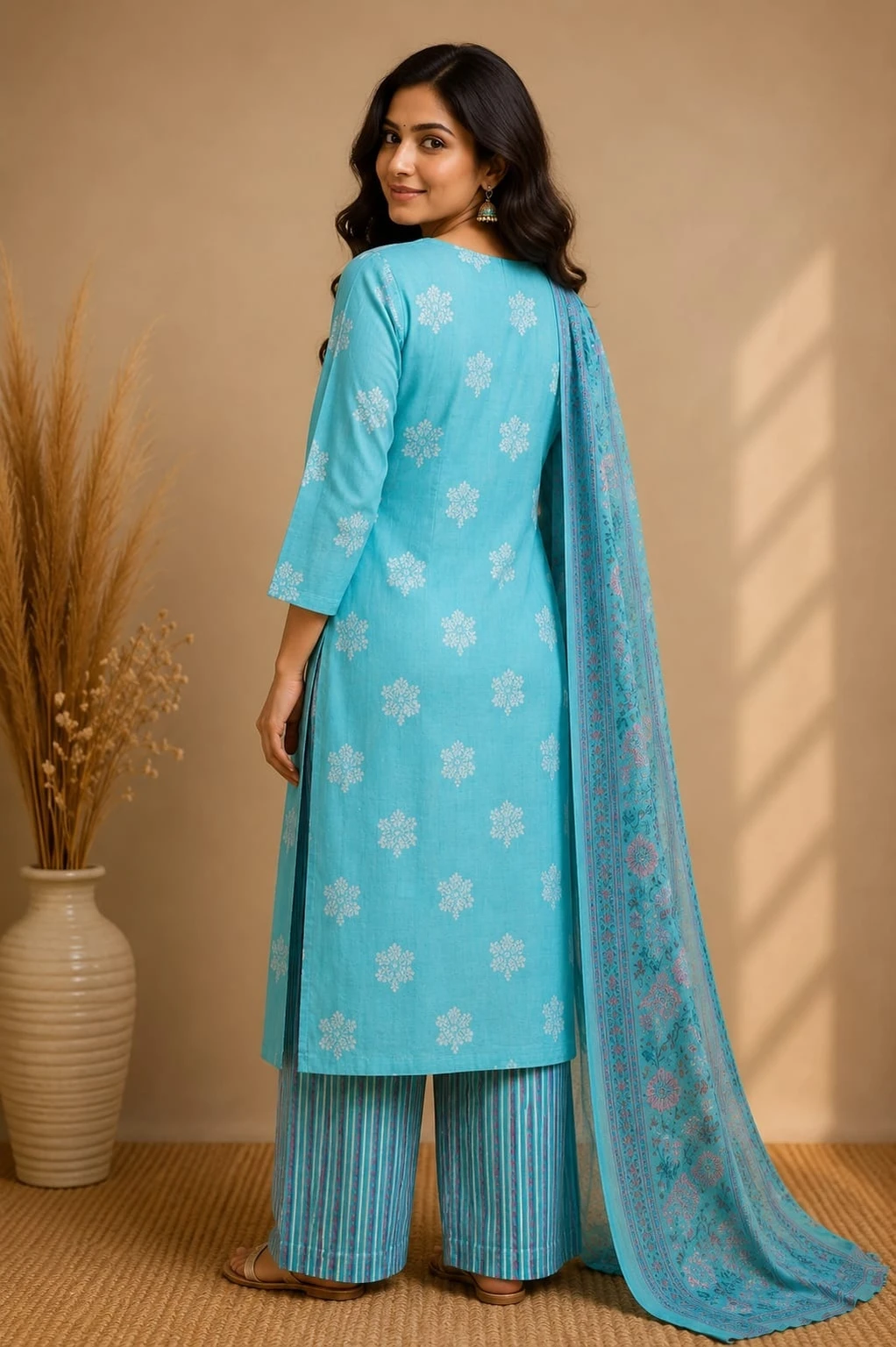 Zafra Exim Women Cotton Rayon Kurti Pant Dupatta Set in turquoise floral print