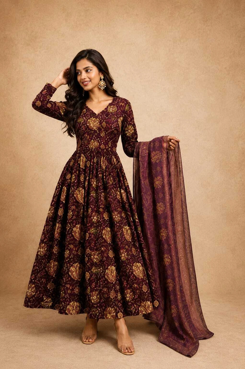 Zafra Exim Women Pure Cotton Kurta Pant Dupatta Set in maroon floral print