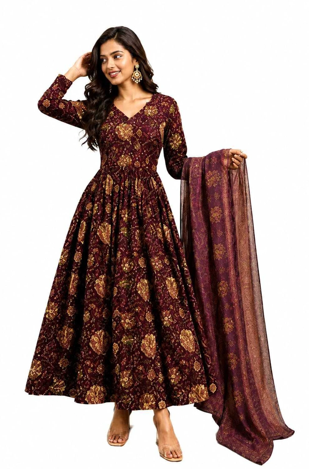 Zafra Exim Women Pure Cotton Kurta Pant Dupatta Set in maroon floral print