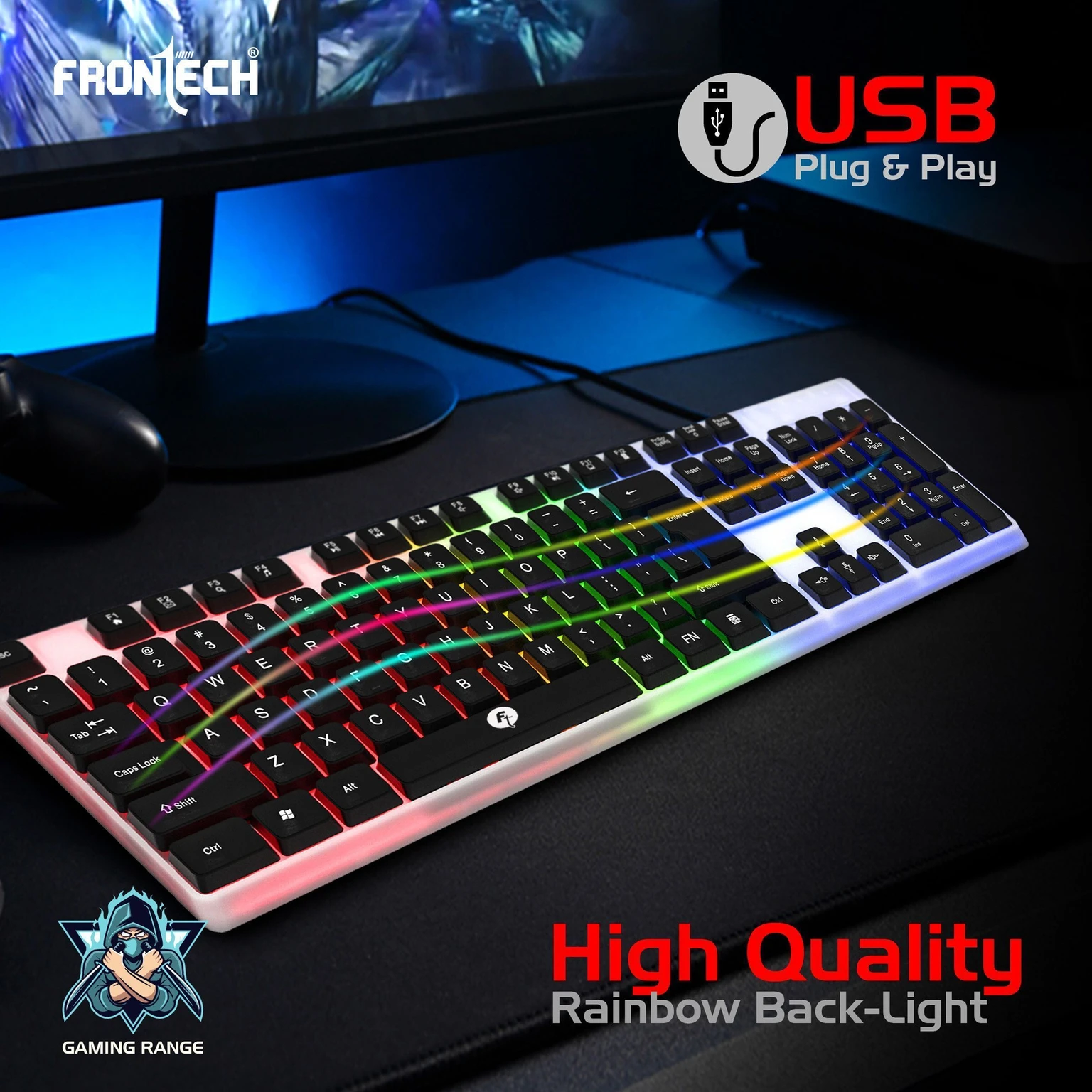 Frontech KB-0042 Wired Keyboard | RGB Backlight | 104 Keys Wired USB Standard Gaming Keyboard Compatible with Desktop, Laptop, Mac with gaming mode ,stand support,multimedia_keys (White, Black)